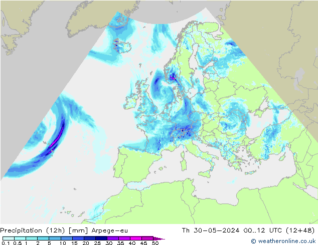 Precipitação (12h) Arpege-eu Qui 30.05.2024 12 UTC