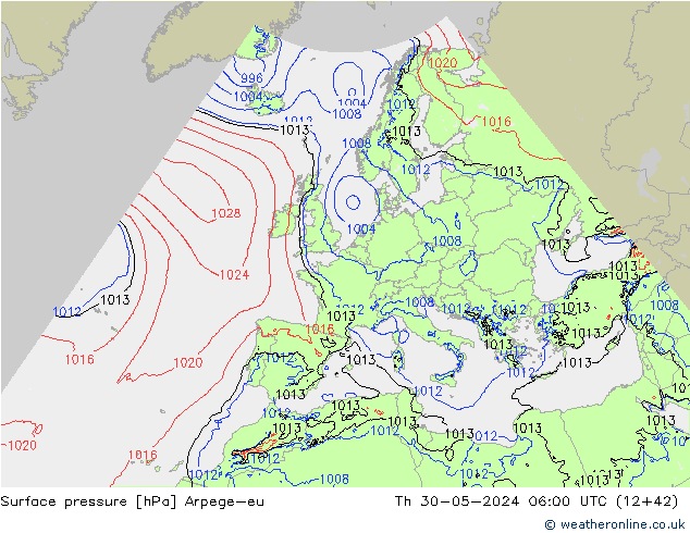 Presión superficial Arpege-eu jue 30.05.2024 06 UTC