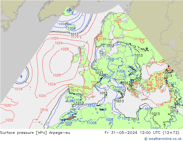 Pressione al suolo Arpege-eu ven 31.05.2024 12 UTC