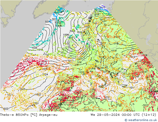 Theta-e 850hPa Arpege-eu We 29.05.2024 00 UTC