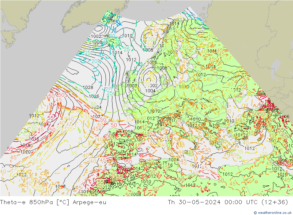 Theta-e 850hPa Arpege-eu Th 30.05.2024 00 UTC