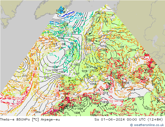 Theta-e 850hPa Arpege-eu Sa 01.06.2024 00 UTC