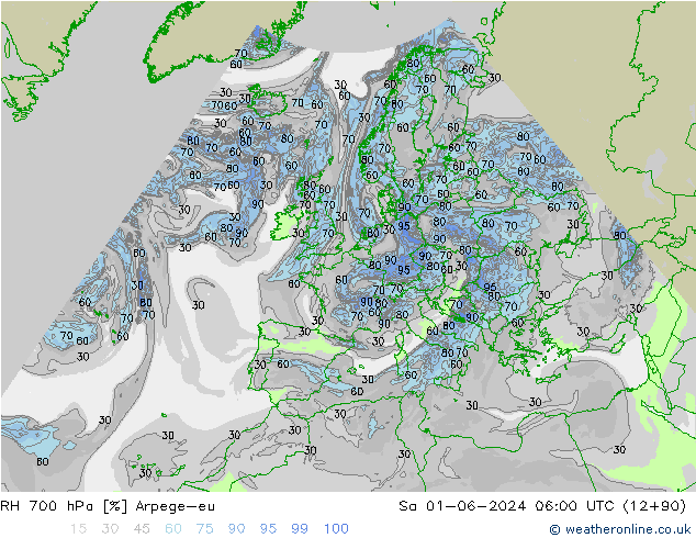 Humidité rel. 700 hPa Arpege-eu sam 01.06.2024 06 UTC