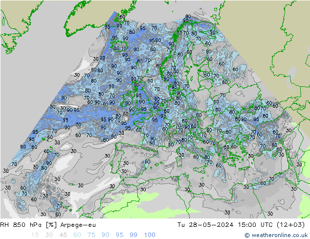Humidité rel. 850 hPa Arpege-eu mar 28.05.2024 15 UTC