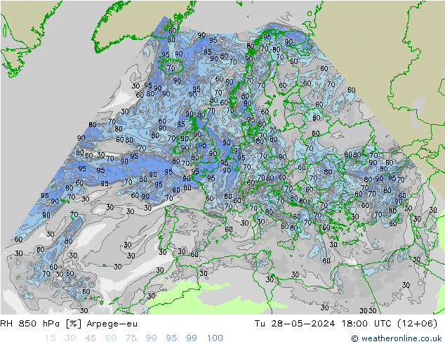 RH 850 hPa Arpege-eu 星期二 28.05.2024 18 UTC