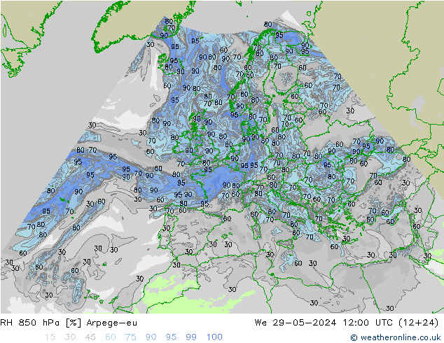 Humedad rel. 850hPa Arpege-eu mié 29.05.2024 12 UTC