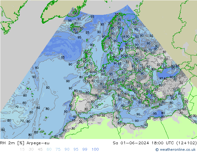 RH 2m Arpege-eu Sa 01.06.2024 18 UTC