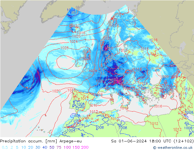 Precipitation accum. Arpege-eu Sa 01.06.2024 18 UTC