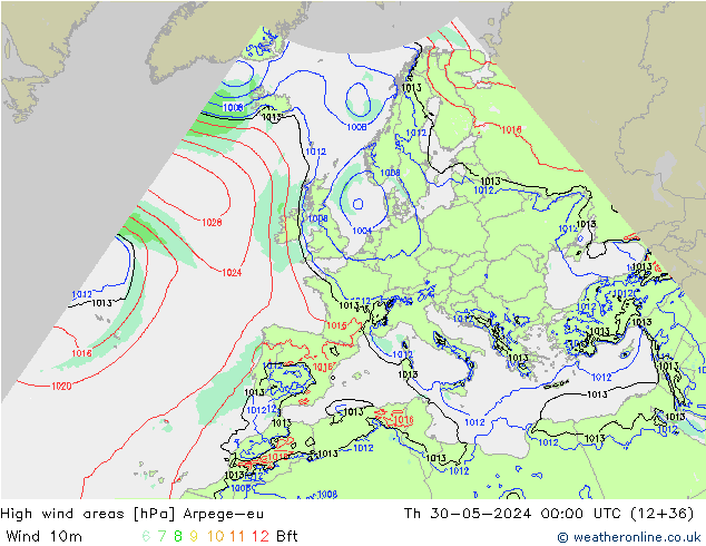 High wind areas Arpege-eu Qui 30.05.2024 00 UTC