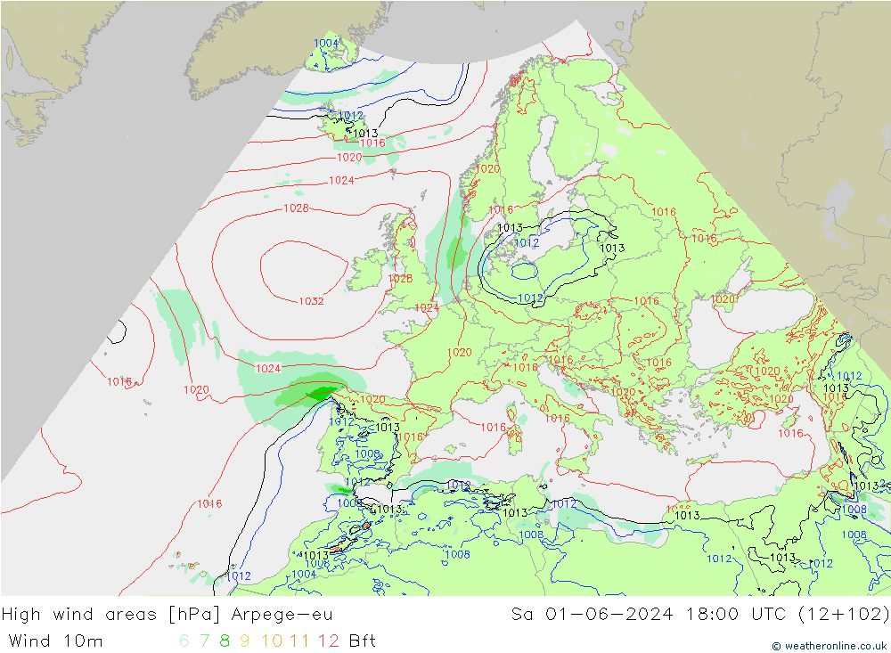 High wind areas Arpege-eu сб 01.06.2024 18 UTC