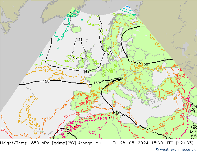 Height/Temp. 850 hPa Arpege-eu Tu 28.05.2024 15 UTC