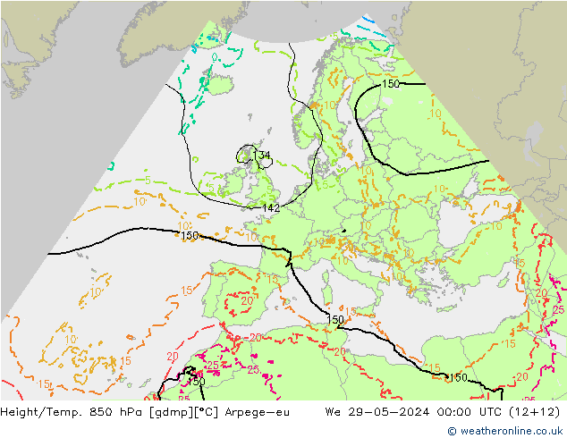 Geop./Temp. 850 hPa Arpege-eu mié 29.05.2024 00 UTC