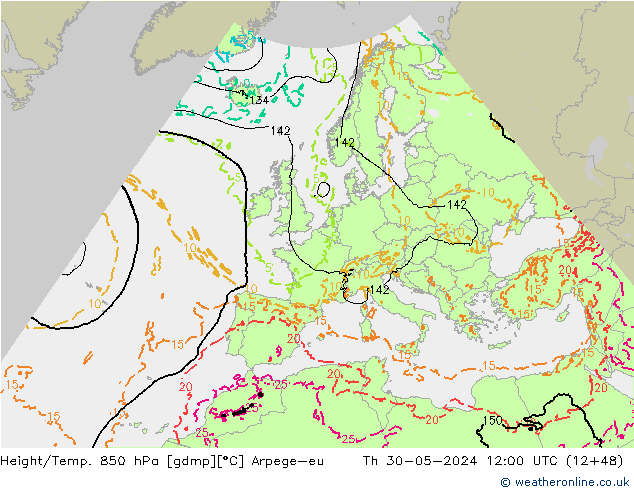 Height/Temp. 850 гПа Arpege-eu чт 30.05.2024 12 UTC