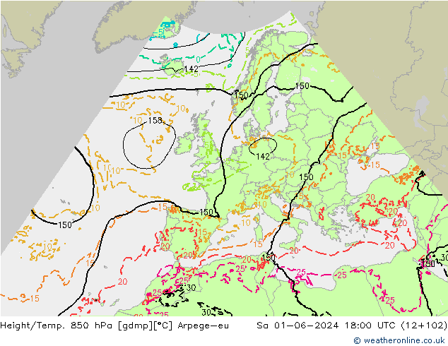 Hoogte/Temp. 850 hPa Arpege-eu za 01.06.2024 18 UTC