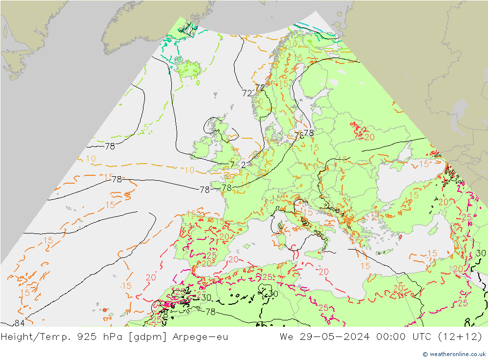 Height/Temp. 925 hPa Arpege-eu mer 29.05.2024 00 UTC