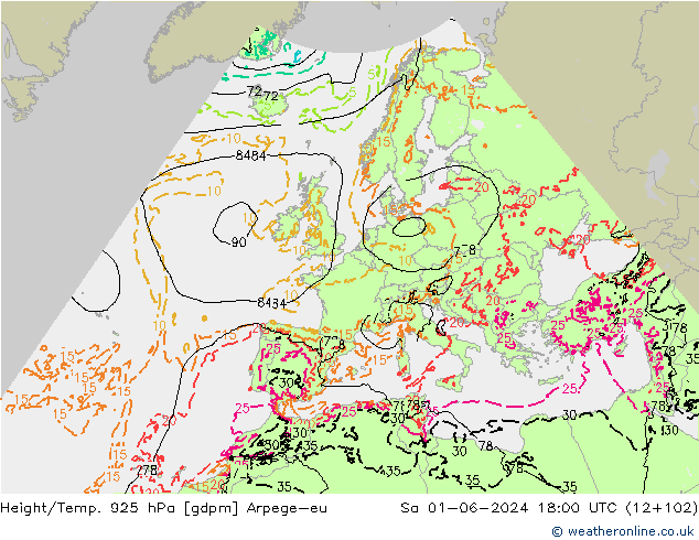 Height/Temp. 925 hPa Arpege-eu So 01.06.2024 18 UTC