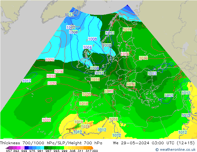 Espesor 700-1000 hPa Arpege-eu mié 29.05.2024 03 UTC