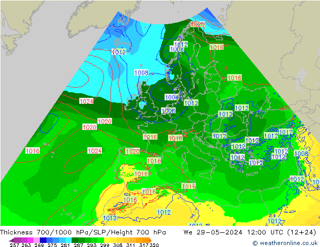 Thck 700-1000 hPa Arpege-eu We 29.05.2024 12 UTC