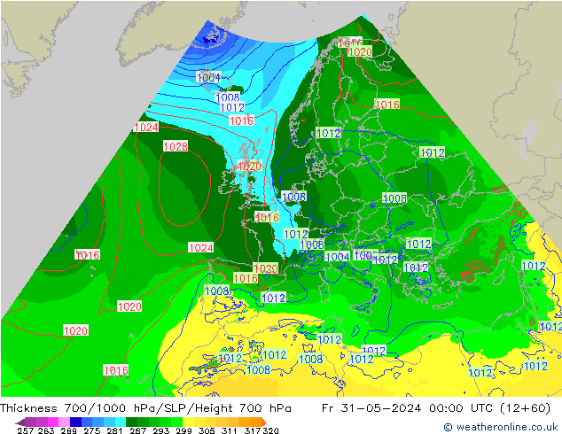 Thck 700-1000 hPa Arpege-eu  31.05.2024 00 UTC