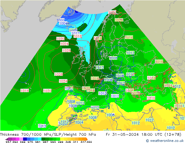 Thck 700-1000 hPa Arpege-eu ven 31.05.2024 18 UTC