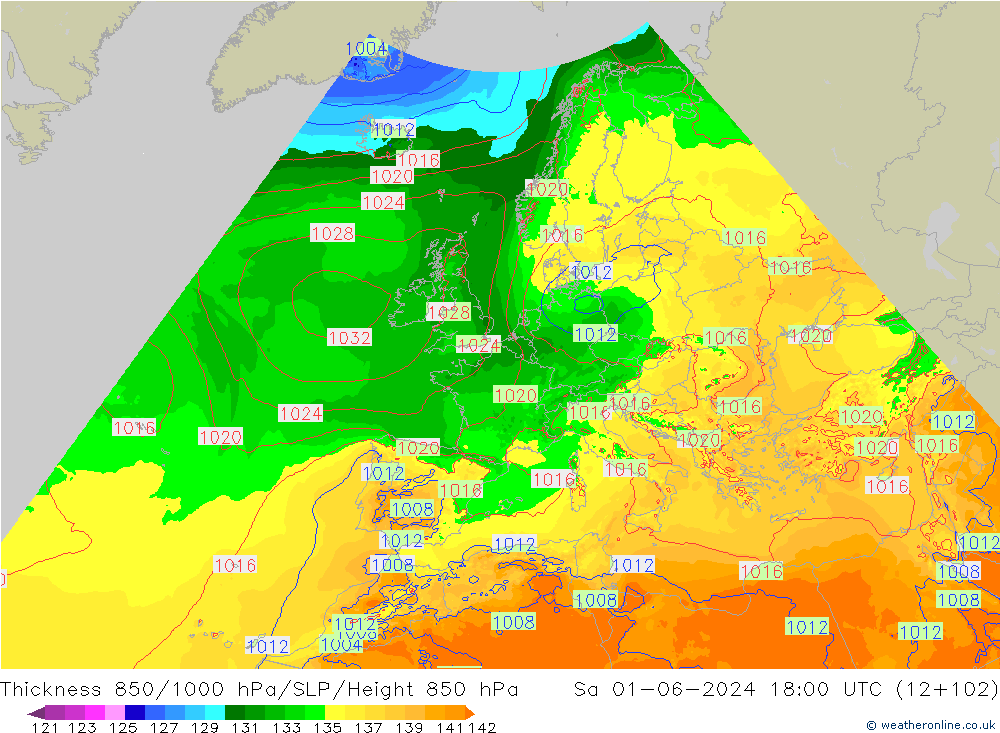 Espesor 850-1000 hPa Arpege-eu sáb 01.06.2024 18 UTC