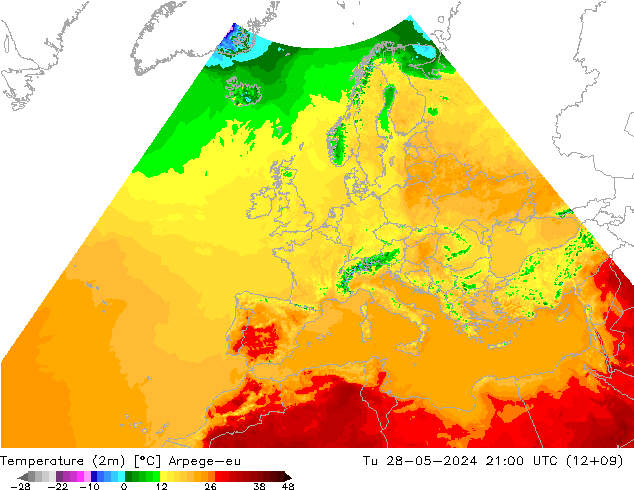 Temperatura (2m) Arpege-eu mar 28.05.2024 21 UTC