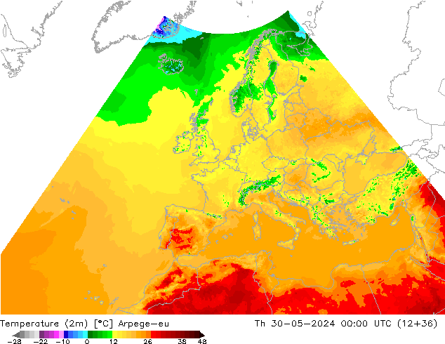 Temperatura (2m) Arpege-eu jue 30.05.2024 00 UTC