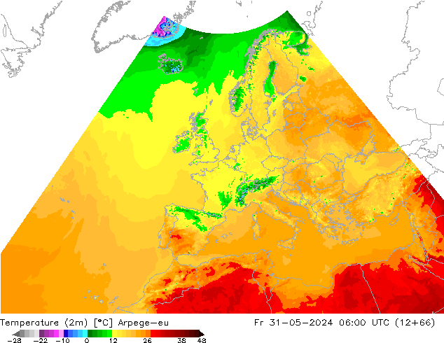 Temperatura (2m) Arpege-eu ven 31.05.2024 06 UTC