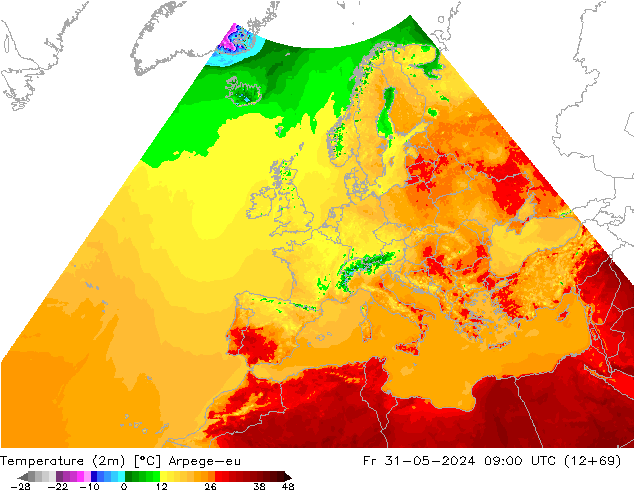 Temperatura (2m) Arpege-eu Sex 31.05.2024 09 UTC