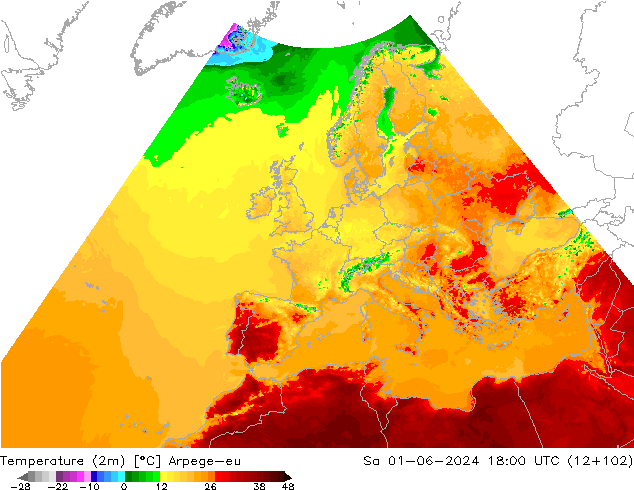 Temperaturkarte (2m) Arpege-eu Sa 01.06.2024 18 UTC