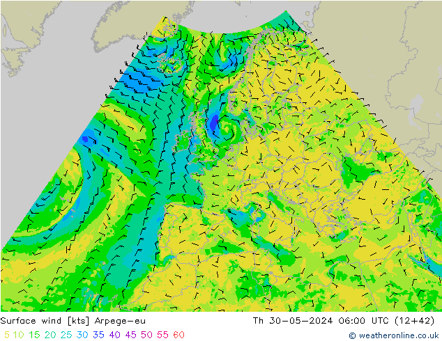 Surface wind Arpege-eu Th 30.05.2024 06 UTC