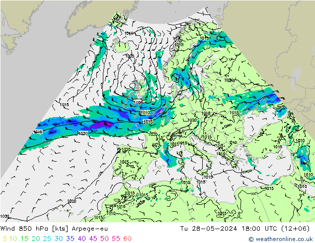 Wind 850 hPa Arpege-eu Tu 28.05.2024 18 UTC