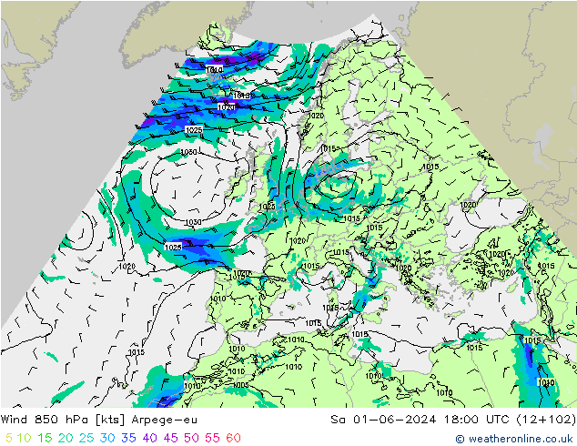 Wind 850 hPa Arpege-eu So 01.06.2024 18 UTC