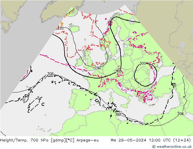 Height/Temp. 700 hPa Arpege-eu 星期三 29.05.2024 12 UTC