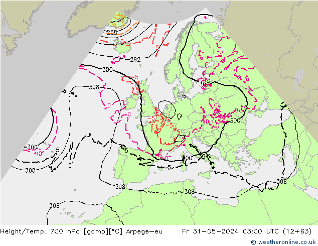 Hoogte/Temp. 700 hPa Arpege-eu vr 31.05.2024 03 UTC