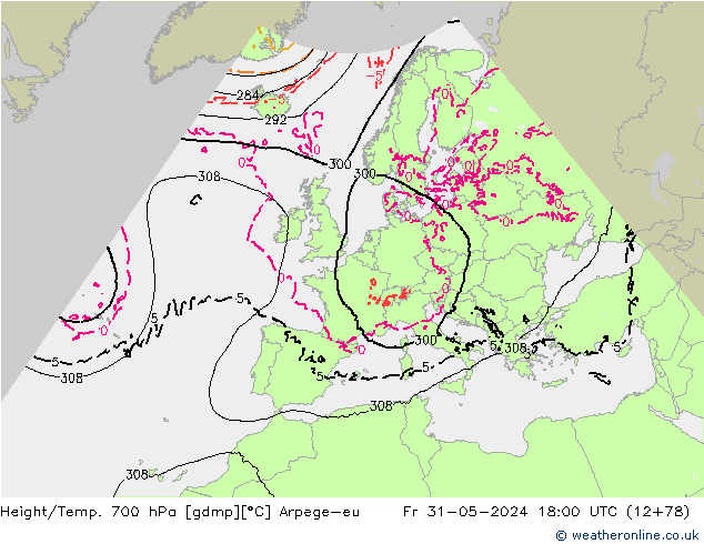 Height/Temp. 700 hPa Arpege-eu Sex 31.05.2024 18 UTC