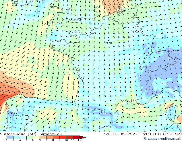 Rüzgar 10 m (bft) Arpege-eu Cts 01.06.2024 18 UTC