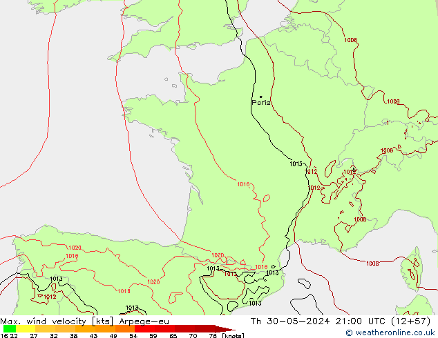 Max. wind velocity Arpege-eu Qui 30.05.2024 21 UTC