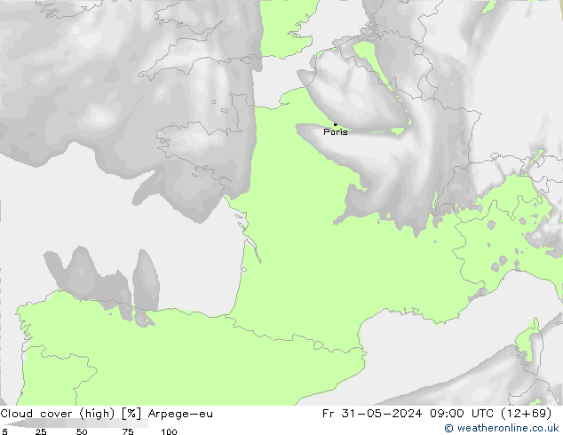 Cloud cover (high) Arpege-eu Fr 31.05.2024 09 UTC