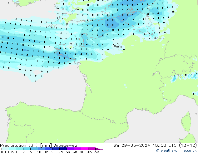 Précipitation (6h) Arpege-eu mer 29.05.2024 00 UTC