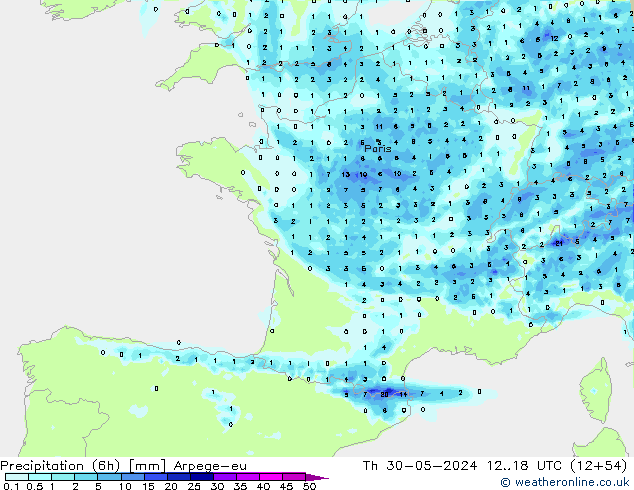 Totale neerslag (6h) Arpege-eu do 30.05.2024 18 UTC