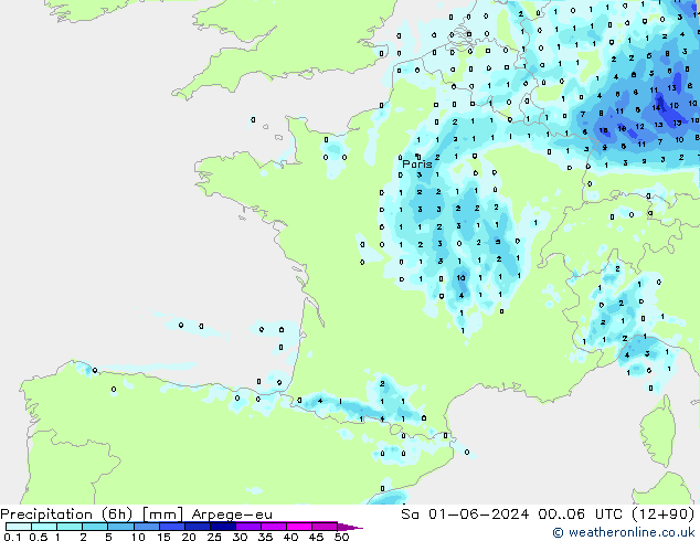 Totale neerslag (6h) Arpege-eu za 01.06.2024 06 UTC