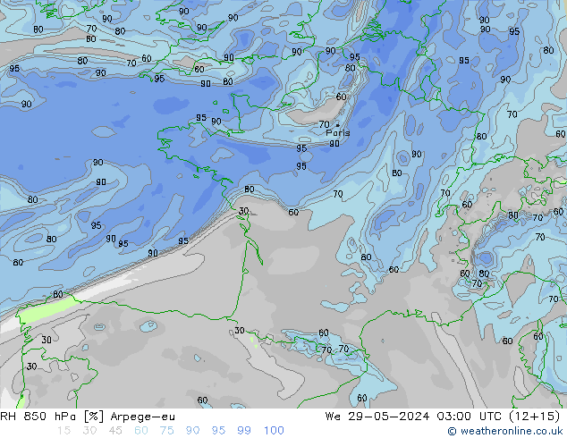 RH 850 hPa Arpege-eu We 29.05.2024 03 UTC