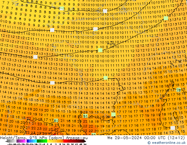 Height/Temp. 925 hPa Arpege-eu śro. 29.05.2024 00 UTC