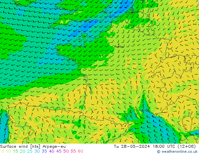 Vento 10 m Arpege-eu Ter 28.05.2024 18 UTC