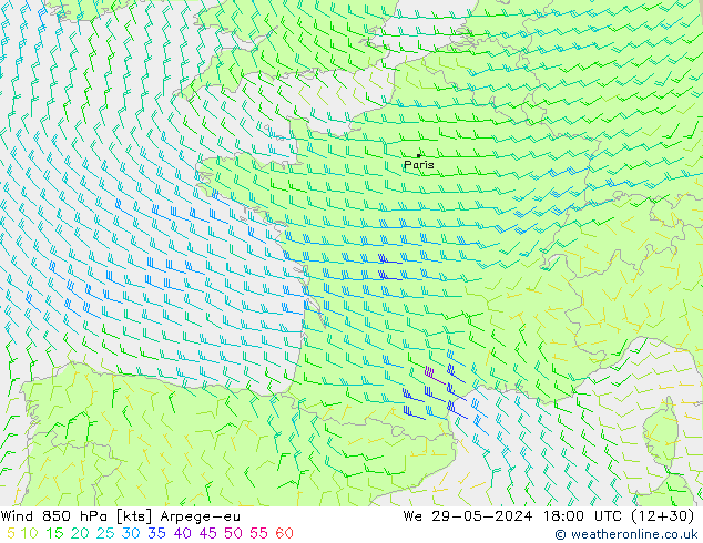 Vent 850 hPa Arpege-eu mer 29.05.2024 18 UTC