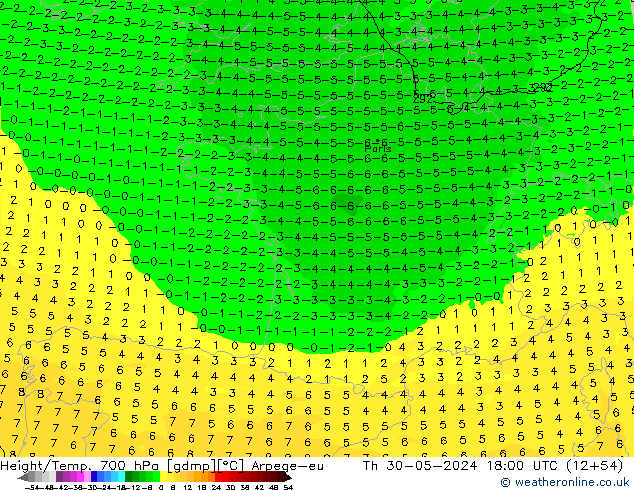 Hoogte/Temp. 700 hPa Arpege-eu do 30.05.2024 18 UTC