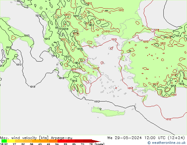 Max. wind velocity Arpege-eu We 29.05.2024 12 UTC