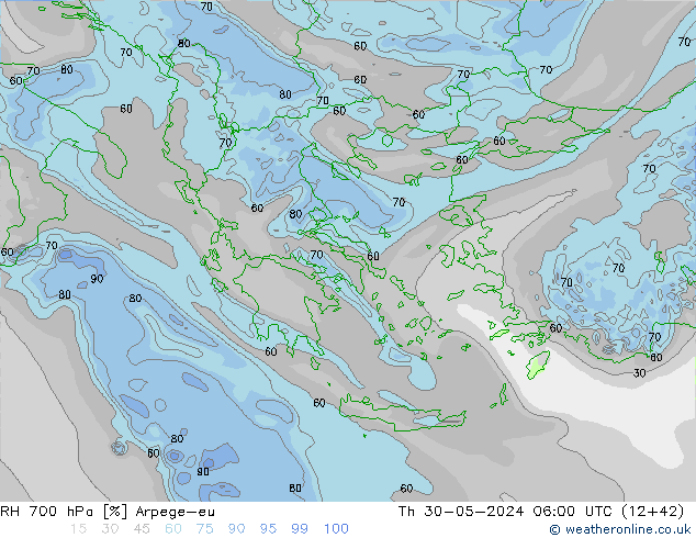 RH 700 hPa Arpege-eu gio 30.05.2024 06 UTC