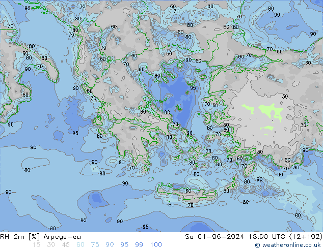 Humedad rel. 2m Arpege-eu sáb 01.06.2024 18 UTC